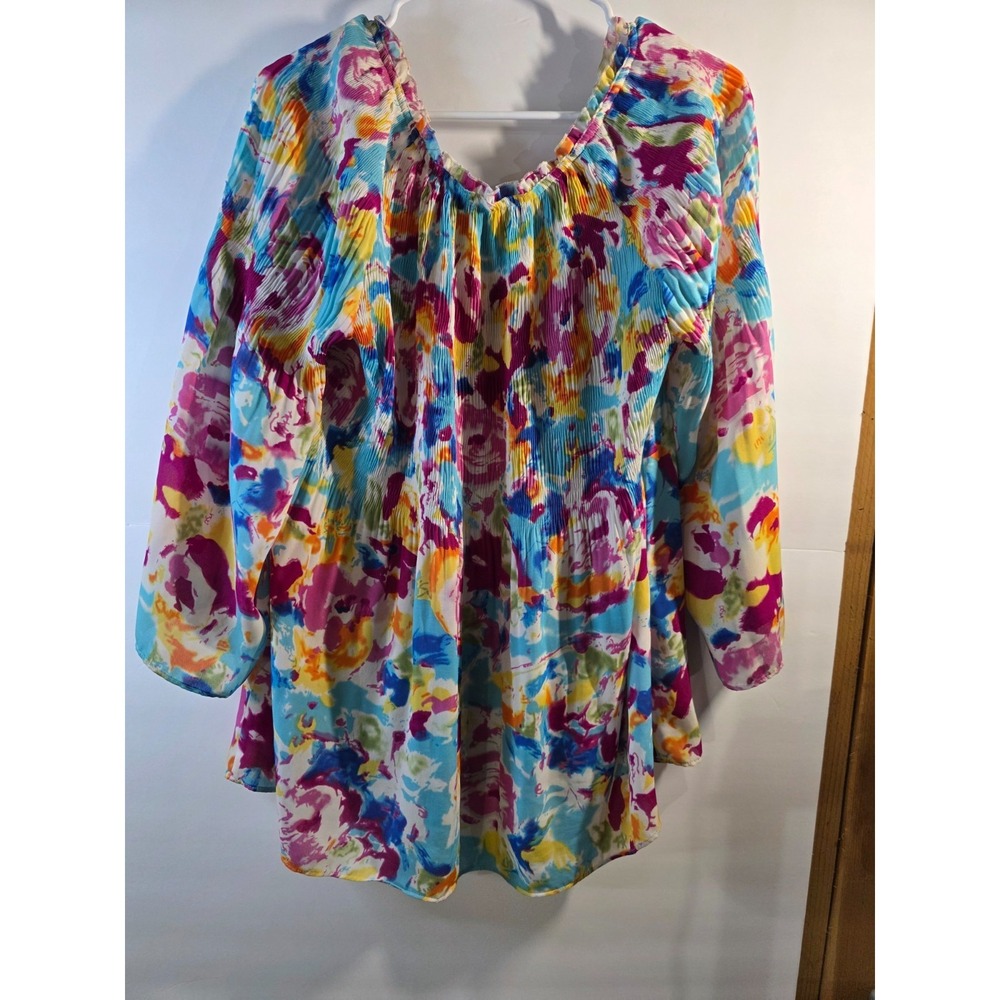 FLORAL &IVY WOMEN SZ XL BELL SLEEVE FLORAL RAINBOW BLOUSE  WHIMSY 0526-24